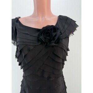 London Times Womens Size 16 Black Ruffle Tiered Raw Hem Cocktail Shift D…